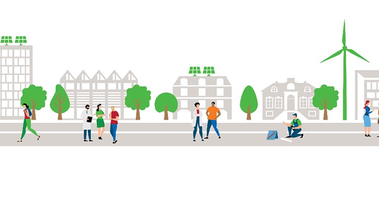 Op de afbeelding staat een 2D-beeld van diverse groepen mensen in een groene stedelijke omgeving. 